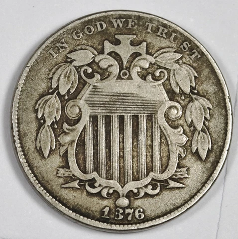 1876 Shield Nickel.  Error "8" in Date half struck/not damage.  VF.  188004 Cover