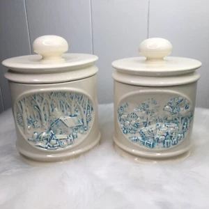 Set Vintage Frontier Farm Blue White Relief Ceramic Coffee Cookie Jars Canisters - Picture 1 of 10
