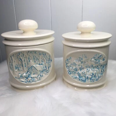 Set Vintage Frontier Farm Blue White Relief Ceramic Coffee Cookie Jars Canisters - Image 1 of 4