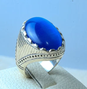 Men's Silver 950 Ring Yemen Handmade Blue cat's eye stone Rare Size 10 US 22 g - Picture 1 of 7