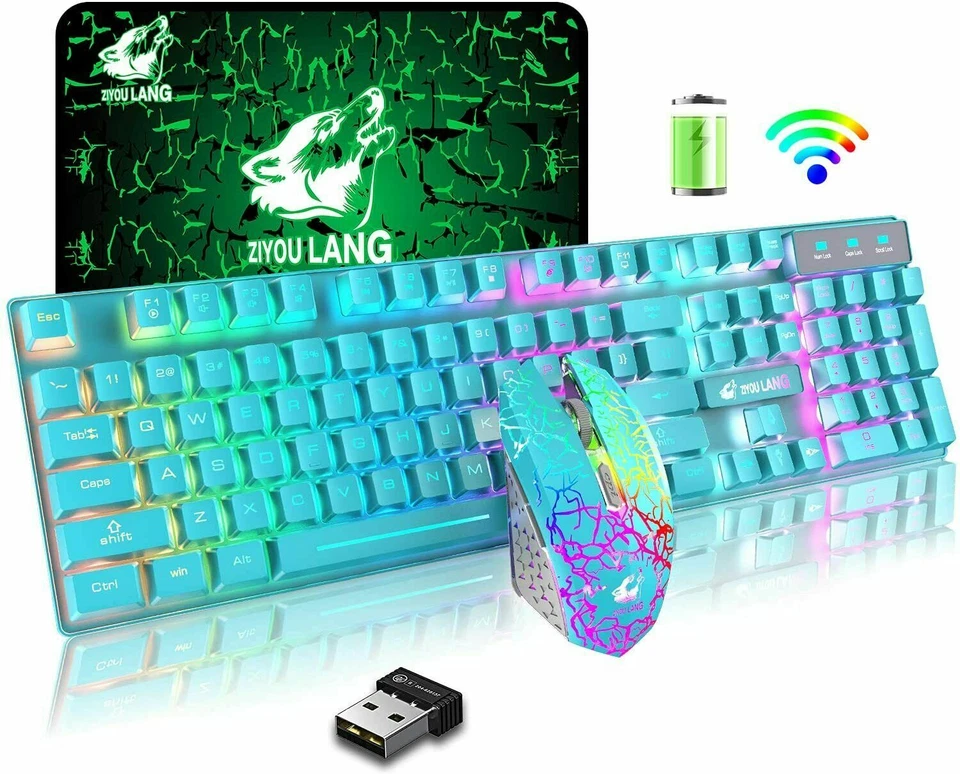 Wireless Gaming Tastatur Maus Combo Rainbow LED Hintergrundbeleuchtung wiederauf - Bild 1 von 4