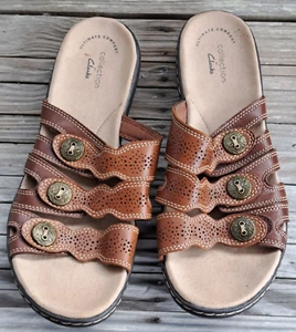 Clarks Collection Leisa Grace Brown Leather Slip On Comfort Sandals Sz 8.5M - Picture 1 of 8