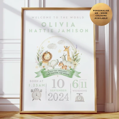 Nuevo regalo personalizado para bebé - Lindo estampado de decoración de guardería de safari - Regalo de bautizo Foto 1 de 4