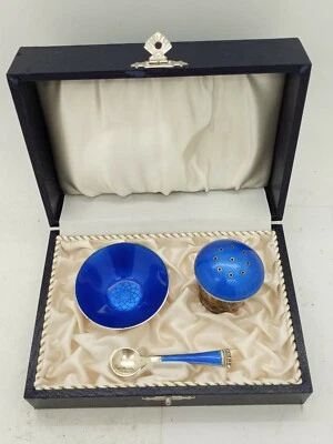 Plato de sal esmaltado de plata esterlina 925 Ela Dinamarca champiñones pimienta azul cobalto Foto 1 de 4