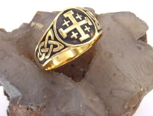 14 K Gold Plated Solid.925 Sterling Silver Celtic Knot and Jerusalem Cross Ring - Picture 1 of 10