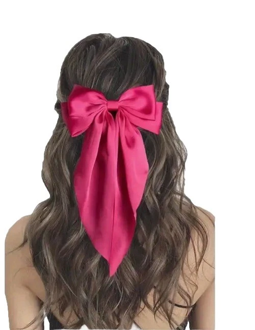 Hot Pink Satin Stylish Bow Big Ribbon Hair Clip Tie All Hair Types Non Slip - Image 1 of 4