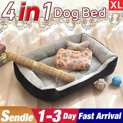 4 IN 1 Dog Bed Pet Cat Calming Floor Mat Sleeping Comfy Cave Toy Washable Large - image 1 of 4