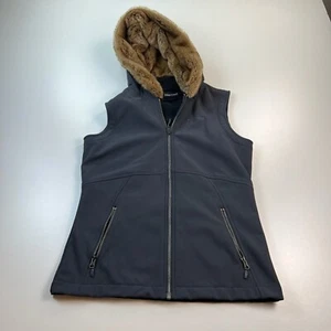 Marmot Soft Shell Vest Womens Medium Gray Fleece Lined Faux Fur Trim Outdoors - Picture 1 of 7