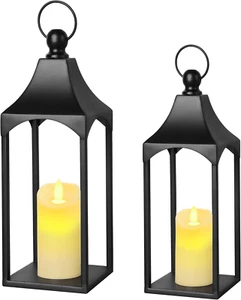 Lanterns Decorative Outdoor Indoor Set of 2 Black Metal Candle Lanterns with ... - Picture 1 of 1