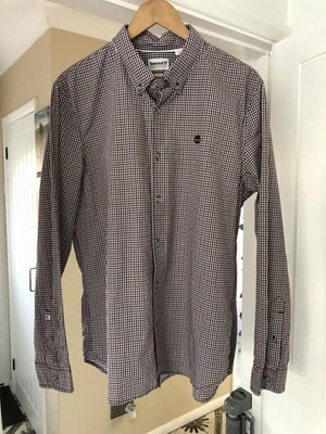 Timberland Navy White Wine Check Button Collar Cotton Shirt Size XL Slim Fit - Image 1 of 4