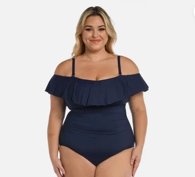 La Blanca NWT 18W Island Goddess Off-Shoulder Ruffle One-Piece Swimsuit Navy - Image 1 of 4