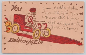 Postcard You Auto Be With Me In - Fake Leather Style - Early Automobile - Picture 1 of 2