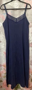 CABERNET Sleepwear 100% Cotton Long Navy Nightgown Lace Silk Trim Adjustable - Picture 1 of 10
