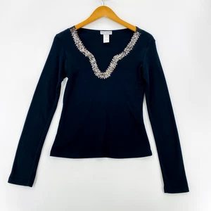 Body Central Damen Strick Top Größe Small Schwarz Langarm Silber Perlen Ausschnitt - Bild 1 von 9