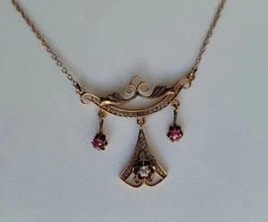 10K Victorian Filigree Diamond Ruby Pendant 16" Necklace Yellow Gold, 3 Grams - Picture 1 of 18