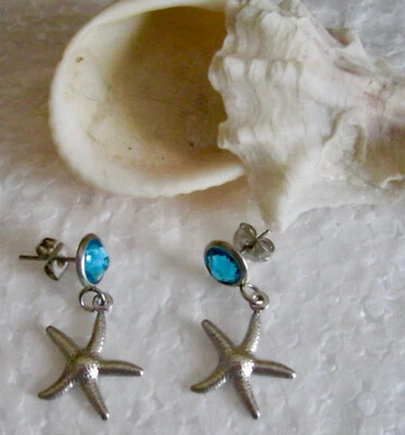 SUMMERTIME BEACH JEWELRY ""FABULOUS STARFISH W/BLUE SET STONE PIERCED EARRINGS " - Image 1 of 4