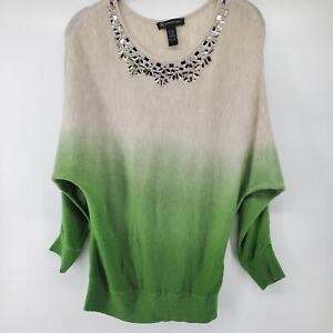INC Intl Concepts Women Angora Green Tan Ombre Jeweled Bib Dolman 3/4 SLeeve| L