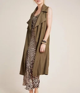 Anthropologie Trench Vest Womens M Olive Green Linen Blend Sleeveless Wrap Belt - Picture 1 of 16