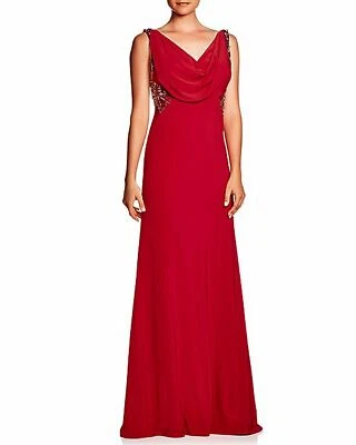 CARMEN MARC VALVO ~ 红色球衣装饰圆领正式礼服 4 全新 495 美元 — 第 1/4 张图片