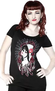 77415 Black Gypsy Rose T-Shirt Sourpuss Scoop Neck Sugar Skull Lady SMALL New - Picture 1 of 2
