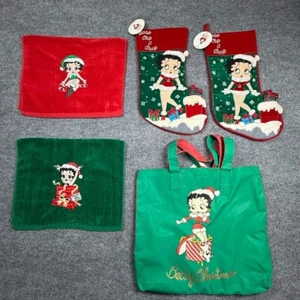 Lot of 2 Rare Betty Boop Christmas Holiday Stocking VTG 2002 + Bag + Hand Towels - Picture 1 of 11