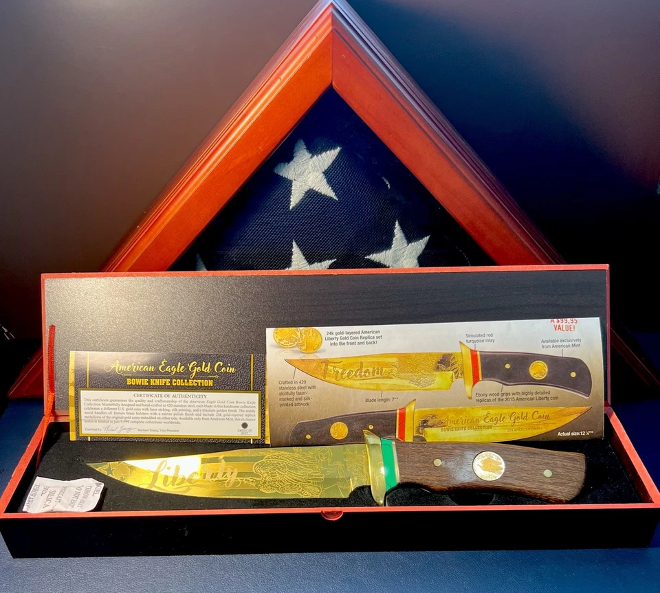 RARE🔥24k Gold American Eagle Liberty Coin Bowie Knife - Limited/9999💎NIB CoA - Image 1 of 4