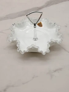 Vintage Fenton Silver Crest Milk Glass Ruffled Bon Bon Bowl With Handle - Picture 1 of 19