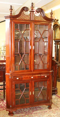 1890s Era Solid Mahogany Chippendale Corner Cabinet Cupboard Hand Blown Glass - Image 1 of 4