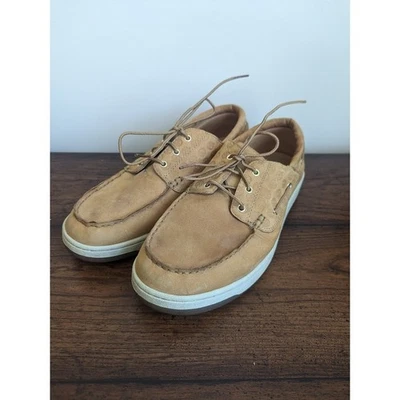 Timberland 浅棕色皮船鞋带压花标志男式 10.5 码 — 第 1/4 张图片