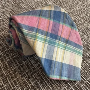 Vintage Lands End weiß rosa blau kariert Schottenkaro Herren Baumwollkrawatte hergestellt in den USA - Bild 1 von 8