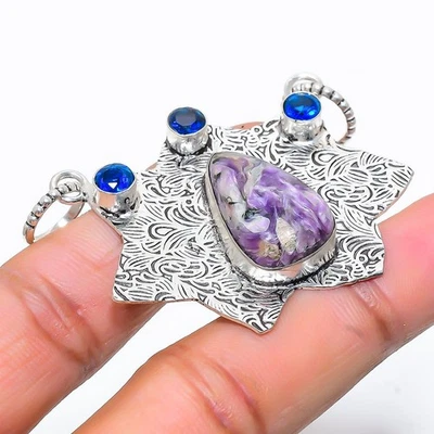 Ciondolo gioiello in argento sterling 925 con pietra preziosa topazio blu rus... - Immagine 1 di 4