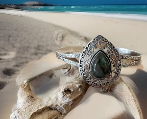 Labradorite Gemstone Adjustable bracelet/cuff -Sterling Silver plated 925-New - Bild 1 von 5
