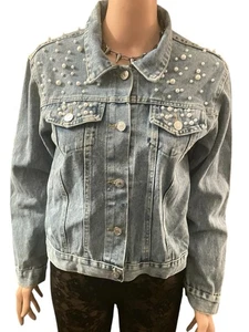 Blue Denim Jacket Embellished Pearl Bling Trucker Style Cotton Pockets Size S - Bild 1 von 6