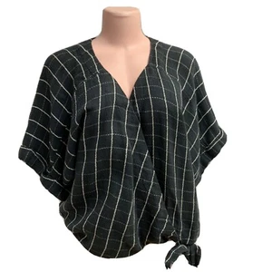 Free People Plaid Navy Blu/ White Short Sleeves Cropped Tie Front Blouse Sz Larg - Picture 1 of 12