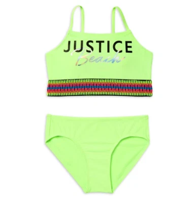 *NWT* JUSTICE GIRLSSIZE 7-8 10 12-14 LIME GREEN RAINBOW ELASTIC BIKINI SWIM SET - Image 1 of 4