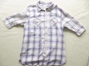 Men's Allsaints Shirt M Slim Fit Short Sleeve Blue Pink White Check Linen Cotton - Picture 1 of 13
