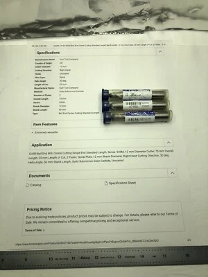 New Lot of (3) 12mm GARR End Mills Ball End Center Cutting 2 Flute See Photos. - Image 1 of 4