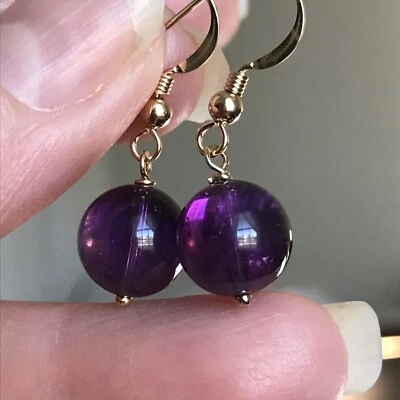 Natural African Amethyst Dangle Earrings – 10mm Cabochon – 14K Gold Filled - Image 1 of 4