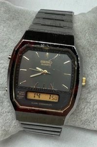 Vintage Men's Seiko H601-5479 Ana+Digi Black Tone Quartz Watch New Battery - Picture 1 of 15