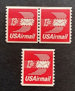 US Stamp, Scott C83 13c 1973 Winged Airmail Envelope coil pair & single XF M/NH