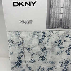DKNY Promenade Sheer Fan Tab Window Curtain Panels Branches BLUE GRAY 50"x 84" - Picture 1 of 6