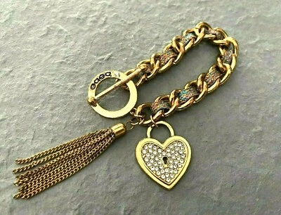 BEBE Chain Charm Bracelet Rhinestone Heart Charm & Tassel Toggle Clasp Bracelet  - Image 1 of 4