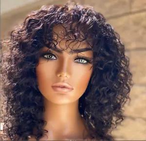 100% Human Hair Wigs Deep Wave Curly Wigs Bangs Machine Made Soft Natural Hair - Picture 1 of 12