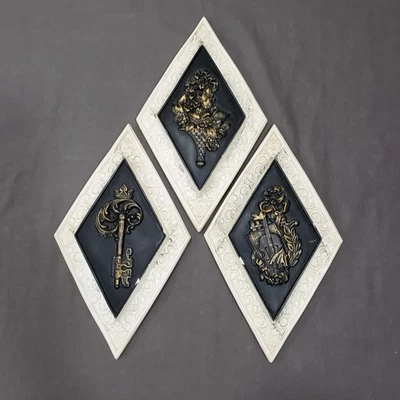 De colección Placas de Pared 3 piezas Diamante Yeso Oro Negro Llave Violín MCM Hollywood Regency Foto 1 de 4