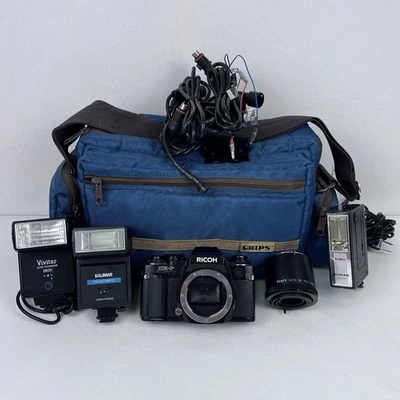 Câmeras vintage diversas. Lote com lente de bolsa e flash Ricoh XR-P pacote coleção retrô - Imagem 1 de 4