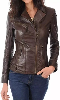 Chaqueta causal de motociclista hecha a mano marrón piel de cordero de cuero genuino para mujer motocicleta Foto 1 de 4