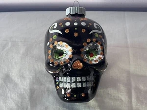 Radko Shiny Brite Halloween ornament glass black decorated skull PO8023 - Picture 1 of 5
