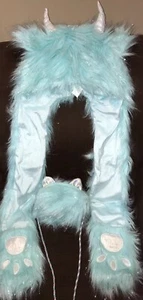 SILLY MONSTER HAT/SCARF/PAW MITTEN COMBO AQUA FAUX FUR SILVER SHIMMER & PURSE - Picture 1 of 4