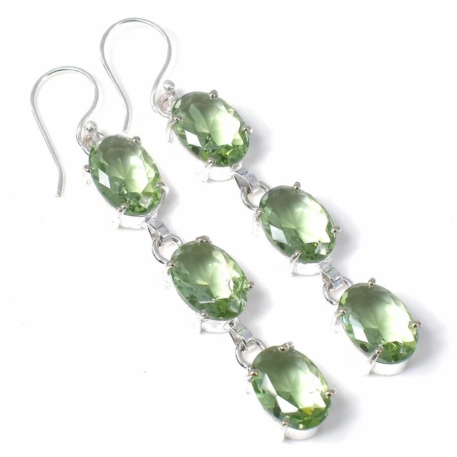 Brinco de prata esterlina 925 feito à mão com pedra preciosa de ametista verde tamanho 2,4" - Imagem 1 de 1