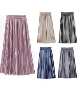 Women Vintage Metallic Long Midi Pleated Skirt Stretch High Waist Casual UK - Picture 1 of 7